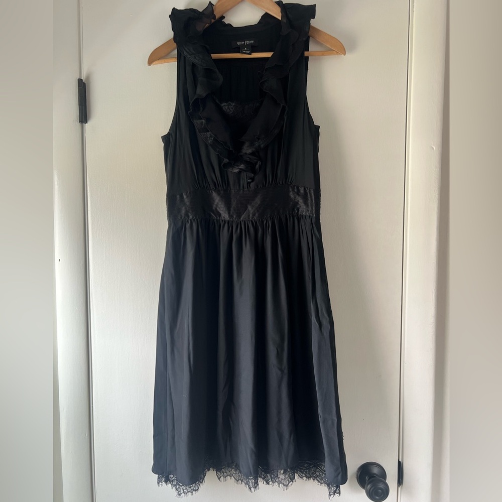 White House Black Market WHBM 100% Silk Black Ruffle Lace Trim Dress Classic